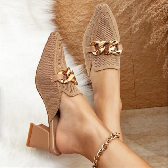 Newbella New Mousse Fit Pointed Toe Heeled Mules Apricot Chain Size 8 - Picture 1 of 11